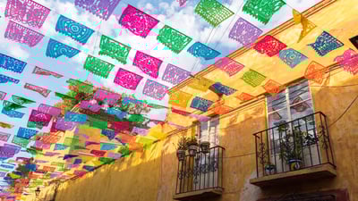 Bing wallpaper May 5, 2025. Paper flags strung over a street in San Miguel de Allende, Mexico (© William Zinn/Getty Images)