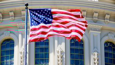 Bing wallpaper June 14, 2025. Flag display at the US Capitol, Washington, DC (© kmiragaya/Adobe Stock)