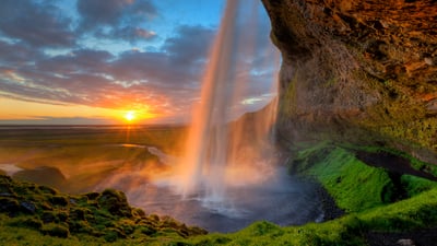 Bing wallpaper June 20, 2025. Seljalandsfoss waterfall at sunset, Iceland (© Tom Mackie/AWL/plainpicture)