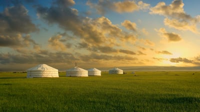 Bing wallpaper July 28, 2025. Yurts in the grasslands of Mongolia (© Michel Arnault/Shutterstock)