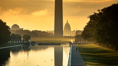 Bing wallpaper February 20, 2023. Washington Monument and Capitol Building on the National Mall, Washington, DC (© AevanStock/Shutterstock)