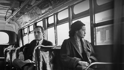 Bing wallpaper February 4, 2023. Rosa Parks sits in the front of a bus in Montgomery, Alabama, Dec 21, 1956 (© Bettmann Archive/Getty Images)