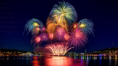 Bing wallpaper July 4, 2025. Fourth of July fireworks over Lake Union in Seattle (© Dixin Yan)