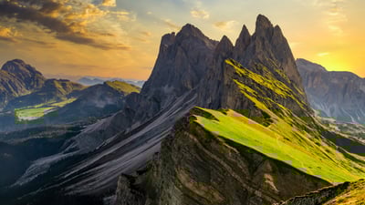 Bing wallpaper July 8, 2025. Seceda, a peak in the Dolomites, South Tyrol, Italy (© Kalyakan/Adobe Stock)